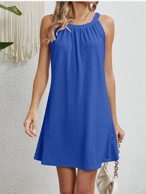 Beach Coverup Eyelet Halter Mini Dress | Royal Blue Coastal Euro Summer2026